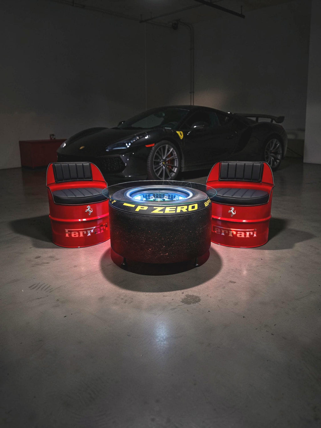 Ferrari-Inspired Chairs Set with F1i Wheel Coffee Table