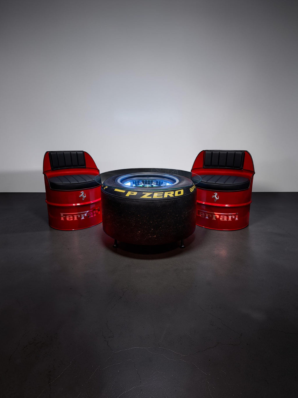 Ferrari-Inspired Chairs Set with F1i Wheel Coffee Table