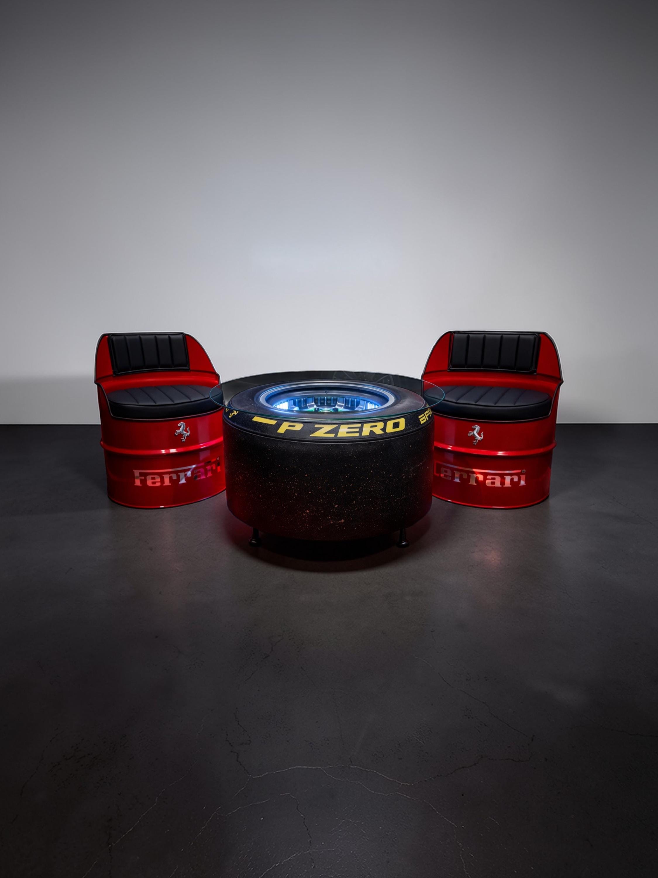 Ferrari-Inspired Chairs Set with F1i Wheel Coffee Table